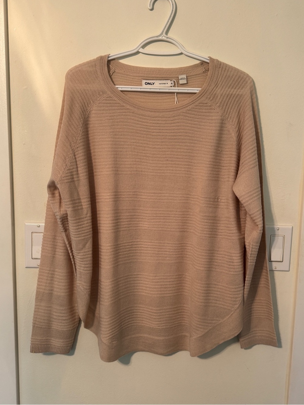 ONLY Beige Crewneck Rib-Striped Knit Sweater